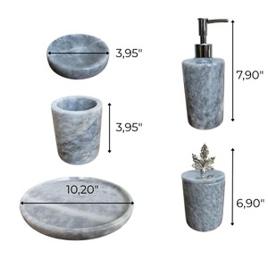 Ensemble de salle de bain élégant en marbre, quatre pièces, porte-savon rond, porte-brosse à dents, distributeur de savon, facile à nettoyer - Product Image 4