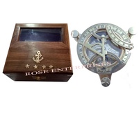 Reloj de Sol Náutico Vintage de Latón Pulido, Brújula Funcional, Reloj de Metal de 4 Pulgadas, Caja de Madera Sólida, Regalo de Cumpleaños para Esposo, Hecho a Mano