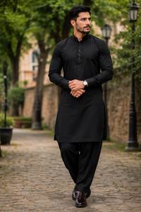 Men <b>Black</b> Cotton Kurta <b>Pajama</b> <b>Set</b> Traditional Indian Pakistani Casual Wear Ankle-Length Regular Fit All Seasons - Product Image 4