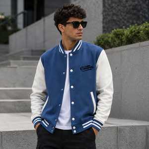 <b>Men</b> Varsity <b>Jacket</b> Solid Blue <b>White</b> Embroidered Custom Logo Regular Fit Turn-down Collar Casual Winter Wear - Product Image 1