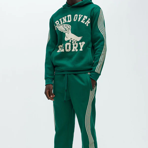 Ensemble de survêtement vert à capuche pour homme en coton, manches longues, vêtements de sport décontractés avec logo imprimé ailes, pour l'automne - Product Image 1