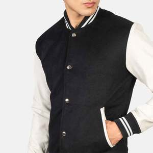 Men's Black And <b>White</b> Varsity <b>Jacket</b> Stand Collar Button Closure Casual Autumn Wear Regular Fit Polyester Cotton Blend - Product Image 6