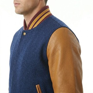 <b>Men's</b> Navy Blue Varsity <b>Jacket</b> With Brown <b>Leather</b> Sleeves Turn-down Collar Button Closure Regular Fit Autumn Wear - Product Image 4