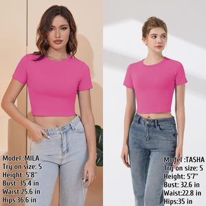 T-shirt court rose pour femme, manches courtes, col rond, coupe ajustée, tricoté, couleur unie, décontracté, printemps-été - Product Image 4