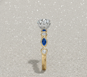 Anillo de Compromiso con Diamante Redondo Cultivado en Laboratorio Stonewels, Zafiro Azul Marquesa, Chapado en Oro Vintage, Engaste de Garras, Certificado para Novia - Product Image 3