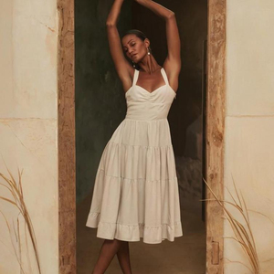 Robe midi dos nu ample et décontractée en coton et lin, couleur unie, taille naturelle, manches évasées, style halter, respirante, pour l'été – Vente en gros - Product Image 4