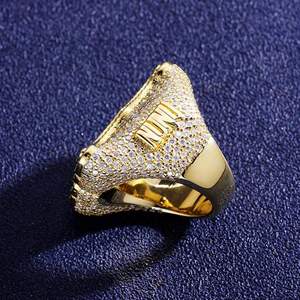 <b>24K</b> <b>Gold</b> Plated Letter A Cocktail <b>Ring</b> With Micro Pave Cubic Zirconia Emerald Cut Stones Mens Hiphop Party Jewelry for Sale - Product Image 2
