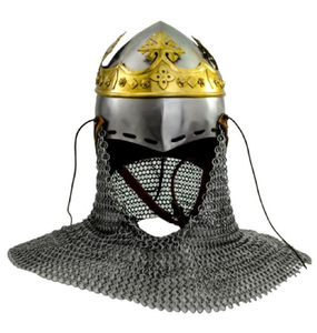 Casco de acero pulido con una cortina de malla metálica ajustada que se extiende sobre la parte inferior del rostro y el cuello con ribete de cuero. - Product Image 4
