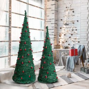 Confezione da 2 Alberi di Natale Artificiali Pop-up da 6FT e 5FT con Palline Rosse per Decorazioni Natalizie Casa o Ufficio, Colore Verde - Product Image 5