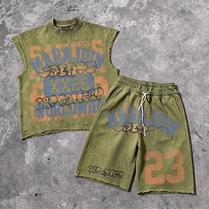 Streetwear Custom Dtg Printing Raw Hem <b>Distressed</b> Graphic Acid Wash Sleeveless T Shirt and Sweat Shorts Set tank <b>Top</b> Men - Product Image 2