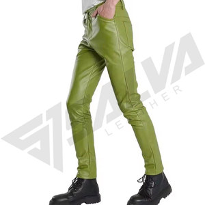 Pantalones de Cuero Verde Oliva para Hombre, Cintura Media, Corte Recto, Estilo Casual, Bolsillos Laterales, Cierre de Cremallera, Impermeables, Ligeros, para Invierno - Product Image 3