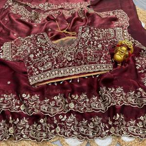 ผ้าซิลค์มังโก้ลายปักดิ้นทองแบบดั้งเดิมสุดหรูหรา พร้อมเสื้อปักสำเร็จรูป ยาว 5.5 เมตร - Product Image 3