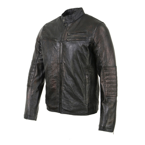 Chaqueta de Motociclista de Cuero Vacuno Negro Vintage para Hombre, Cuello Alto, Bolsillos con Cremallera, Estilo Moto Biker - Product Image 5