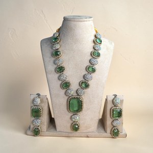 Emerald Crystal Gold Plated <b>Statement</b> <b>Necklace</b> and Earring Set Long Green Wedding Jewelry Vintage Inspired Indian Handmade - Product Image 1