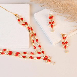 RAY FINE ORNATES Vintage Style Gold Plated Brass <b>Ruby</b> Pink <b>Necklace</b> Set Handmade Layered <b>Necklace</b> Earrings Bridal Jewelry - Product Image 3