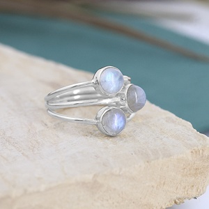 Bague en argent sterling 925 avec pierre de lune arc-en-ciel, pierre de naissance, triple pierre de lune naturelle, style bohème, empilable, pour femme - Product Image 6