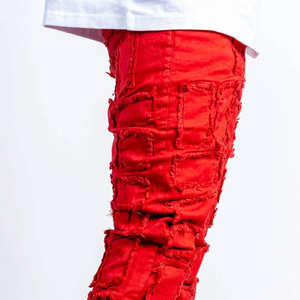 Jeans en denim déchiré rouge patchwork pour hommes OEM ODM - Design élégant déchiré, coupe slim, streetwear, pantalon décontracté - Product Image 5