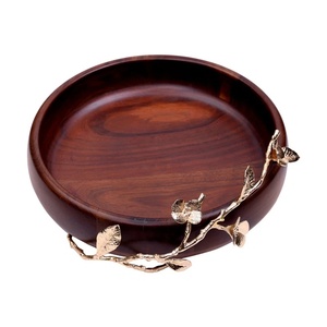 Organic Modern Dark Wood Bowl Gold Metal Leaf & Blossom Accent Dish Premium Sculptural Wooden Serving Bowl for Living Room - Product Image 1