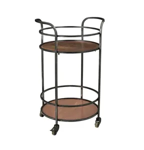 Carrito de Servicio de Bebidas Redondo de Cerámica Ecológico con Estantes de Madera Estilo Americano para Uso en el Hogar, Bar o Restaurante - Product Image 1