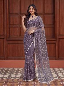 Conjunto de Saree de Lujo en Color Morado Malva con Bordado de Lentejuelas Pesadas y Patrón de Ondas, Ideal para Bodas Indias y Pakistaníes, Ropa de Fiesta de Verano de Secado Rápido - Product Image 5
