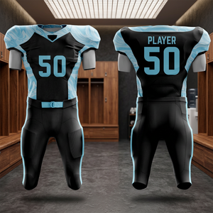 Ensemble d'uniformes de football américain personnalisables par sublimation, avec un motif noir et bleu clair et le numéro 50 - Product Image 4