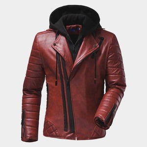 <b>Men's</b> Red <b>Leather</b> Hooded Biker <b>Jacket</b> - Product Image 1