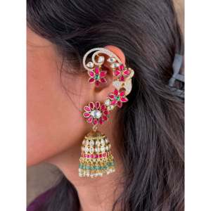 Indian Ethnic Shruti Pachi Kundan Gold Plated Copper Cuff Earrings with Pearl and Diamond Butterfly Design - Product Image 1