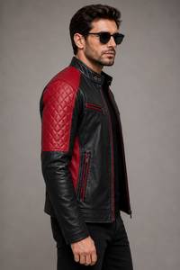 Blouson de motard en cuir et toile pour homme, style classique, col rabattable zippé, manches longues, vêtement d'extérieur décontracté et tendance - Product Image 4