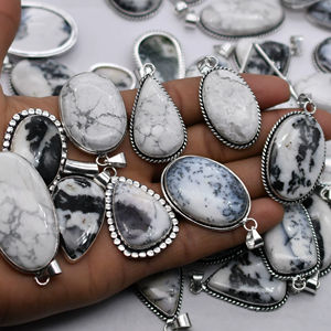 จี้หินผสมโอปอลฮาไลต์ เดนไดรต์ แสตนด์ แจสเปอร์ ลายม้าลาย ชุบเงินโบราณ พร้อมสร้อยคอคริสตัลบำบัดสำหรับเด็ก - Product Image 1