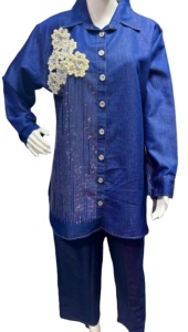 Malaisie nouvelle version modeste cordon floral ensemble vêtements Denim Blouse pantalon deux pièces femmes Coord ensembles en gros inde - Product Image 2