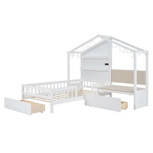 Letto singolo bianco per bambini con divano imbottito, stazione di ricarica wireless, ripiani e due cassetti - Design a casetta - Product Image 5
