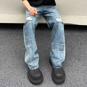 Jeans de mezclilla de pierna ancha para hombre, de cintura alta, estilo streetwear, con bolsillos 3D, de algodón, corte holgado, lavado desgastado, tendencia top 2026, para otoño - Product Image 5