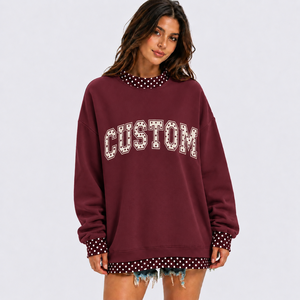 Trendy Custom <b>Letter</b> Print <b>Applique</b> Contrast Trim Polka Dots Patchwork Mockneck Sweatshirt Streetwear Adult Youth Club Outerwear - Product Image 1