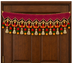 Décoration de porte traditionnelle en tissu avec pompons et motifs floraux pour l'entrée intérieure de Diwali, multicolore, forme irrégulière - Product Image 4