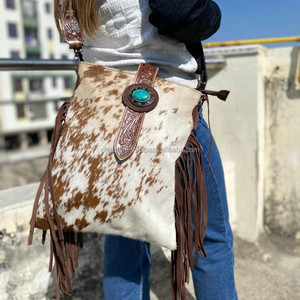 Hottest Selling Cowhide Fur Leather Fringe Bag Women Tooled Carving Leather <b>Handbag</b> Boho Style Cow Hide Bag's for Cow Girl's - Product Image 4
