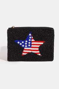 Pochette porte-monnaie patriotique à fermeture éclair, ornée de perles de rocaille et d'étoiles du drapeau américain noir, Fabricant Exportateur B2B - Product Image 1