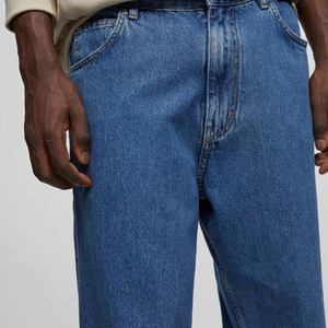 Jean en denim 100 % coton OEM personnalisé pour homme, coupe droite, délavé, avec logo brodé, bleu/bleu foncé, pantalon large et ample - Product Image 5