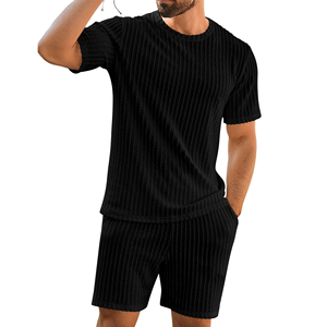 Ensemble T-shirt et short en maille gaufrée pour homme, col rond, couleur unie, respirant, décontracté, 100% coton, tenue deux pièces - Product Image 3