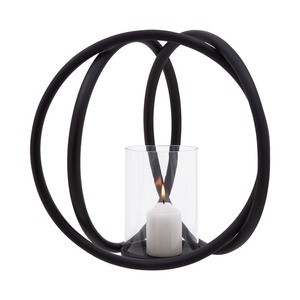 Porte-bougie sphérique en métal noir de style moderne avec des anneaux entrecroisés et une insert cylindrique en verre transparent - Product Image 2