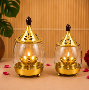 Brass Glass Akhand Jyoti Diya <b>Stand</b> Holder with Om Top Lid for Home Temple Puja Rituals, available at wholesale prices. - Product Image 4