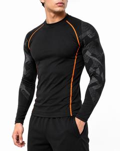 Camiseta Deportiva de Manga Larga para Hombre, Cuello Redondo, Negra con Detalles Naranjas, Estampado Geométrico, Ecológica, Anti-UV, Secado Rápido, Spandex, Poliéster, para Actividades al Aire Libre - Product Image 2