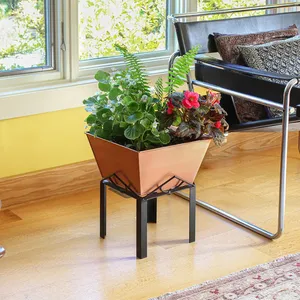 Copper <b>Square</b> Planter Pot with Black Metal Stand 12.5 Inch Drainage Hole Included Industrial Style Decorative <b>Vase</b> - Product Image 4
