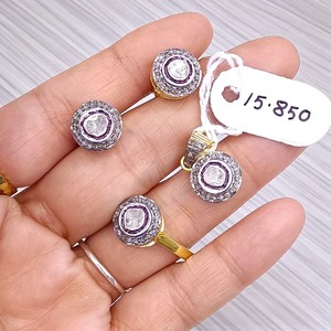 Round Shape Polki Diamond Earring Pendant & Ring Fine Jewelry Set Handmade Gold Plated 925 Sterling Silver Jewelry Set Wholesale - Product Image 2