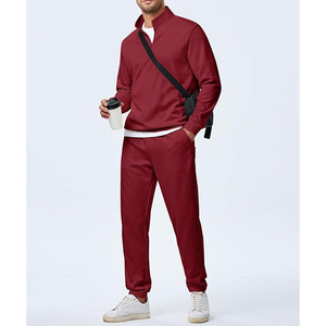 Men's Solid Red Cotton Tracksuit Quarter-Zip Sweater Pants <b>Set</b> Casual Autumn Wear - Product Image 2