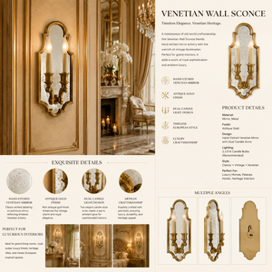 Classic Venetian Baroque Luxury <b>Wall</b> <b>Sconce</b> Vintage Decorative <b>Wall</b> <b>Light</b> with Ornamental Mirror Details Elegant Brass Framework - Product Image 3