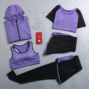 Conjunto Deportivo de 5 Piezas para Mujer, Sudadera con Capucha Negra, Camiseta, Sujetador Deportivo, Pantalones Cortos de Ciclismo, Leggings, Sin Costuras, Transpirables, de Poliéster - Product Image 4
