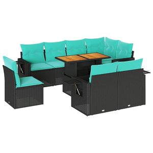 Set di divani da giardino in polyrattan nero da 9 pezzi con cuscini, eleganti mobili da esterno - Product Image 2