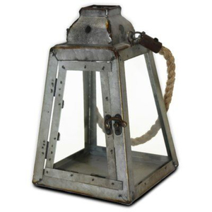 Lanterne en métal galvanisé avec poignée en corde de chanvre, style shabby chic antique, porte-bougie décoratif en verre pour extérieur, jardin, mariage - Product Image 1