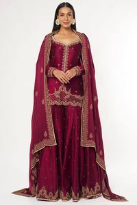 Ensemble indien pakistanais bordeaux brodé, robe Anarkali avec dupatta, tenue traditionnelle formelle - Product Image 2