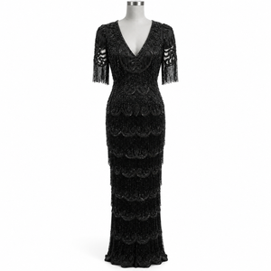Elegant Jet Black Beaded Evening Gown | Plunging V Neck 3/4 Fringe Sleeves <b>Art</b> <b>Deco</b> Embellished Fitted Floor Length Formal <b>Dress</b> - Product Image 1